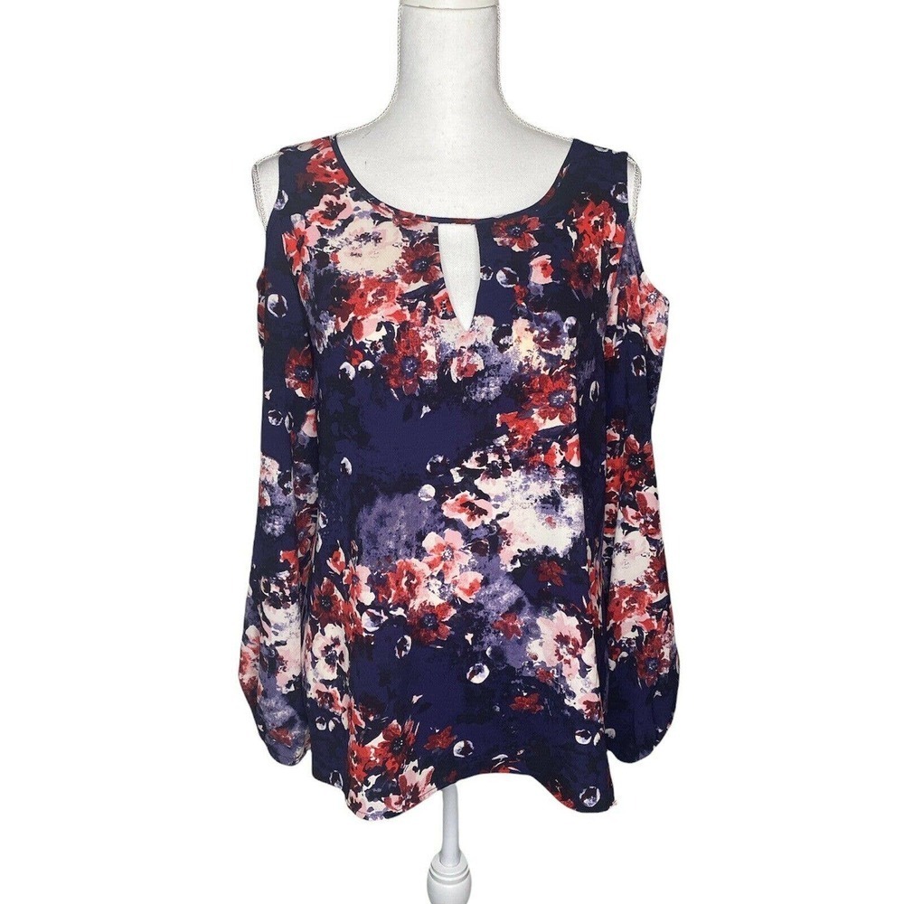 ROSE & OLIVE Floral Cold Shoulder Top Sz Medium Blue Red Pink